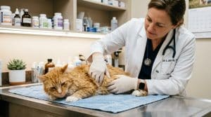 Docteure en blouse blanche ausculte un chat orange sur table d'examen